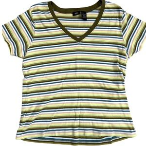 Mossimo Womens V-Neck Y2K T-Shirt Green Yellow Striped Short Sleeve Cotton Large